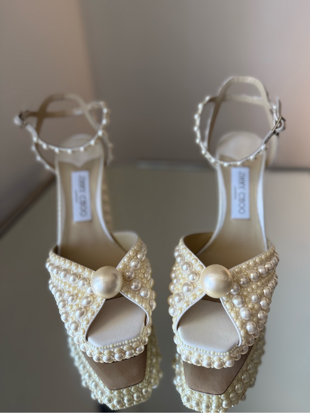 New Jimmy Choo Sacaria 120 White Platform Sandals with All-Over Pearl 39.5 - Picture 8 of 16